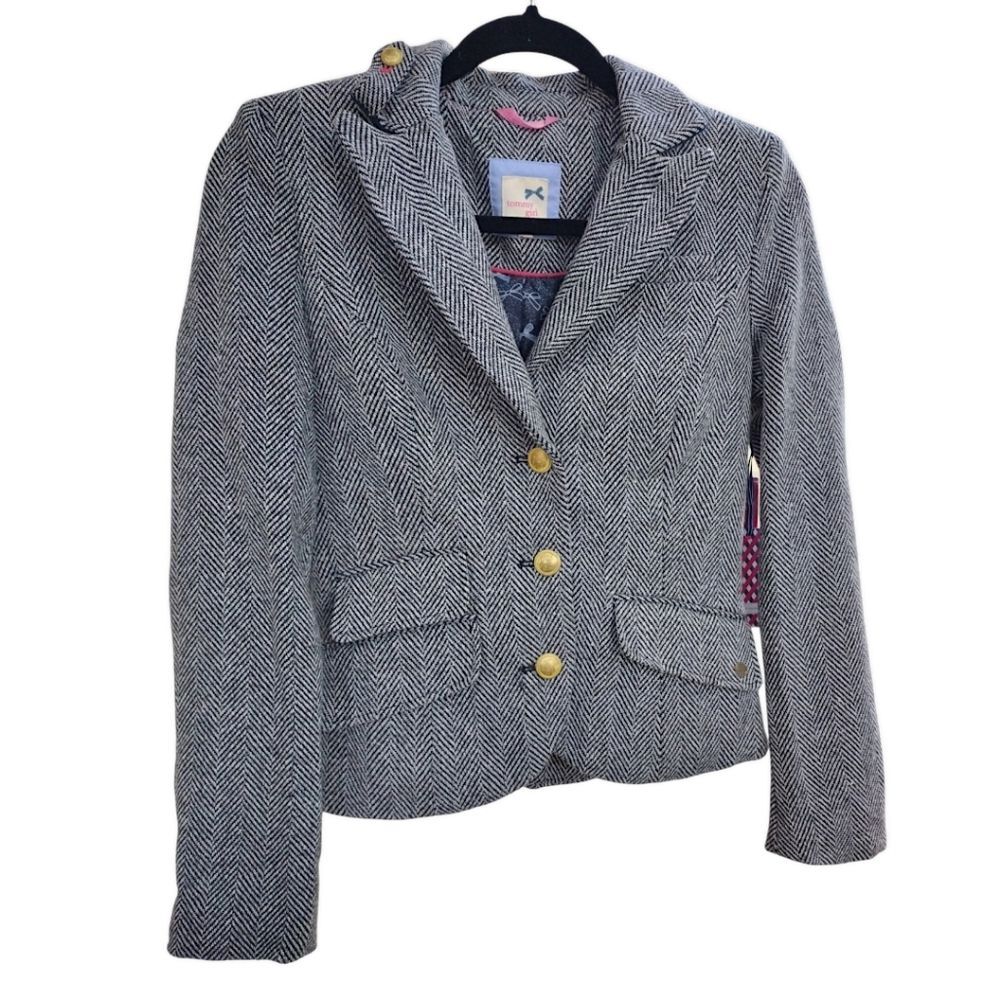 TOMMY GIRL Tweed Herringbone Classic Blazer, Size Small, Gray/Black